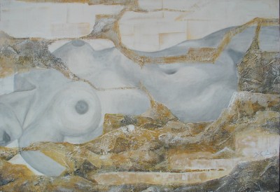 Acrylbild einer weiblichen Figur vor goldenen, weissen und grauen Strukturen, ispiriert duch die 
      Sage von Kybele